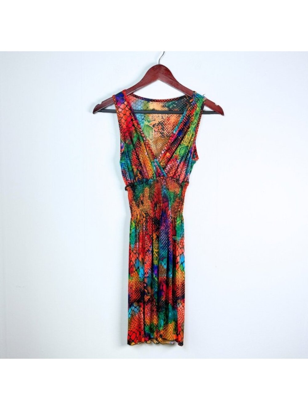 Rainbow Neon Snakeskin Smocked Fit and Flare Beach Mini Dress One Size Y2K Rave - Picture 8 of 10